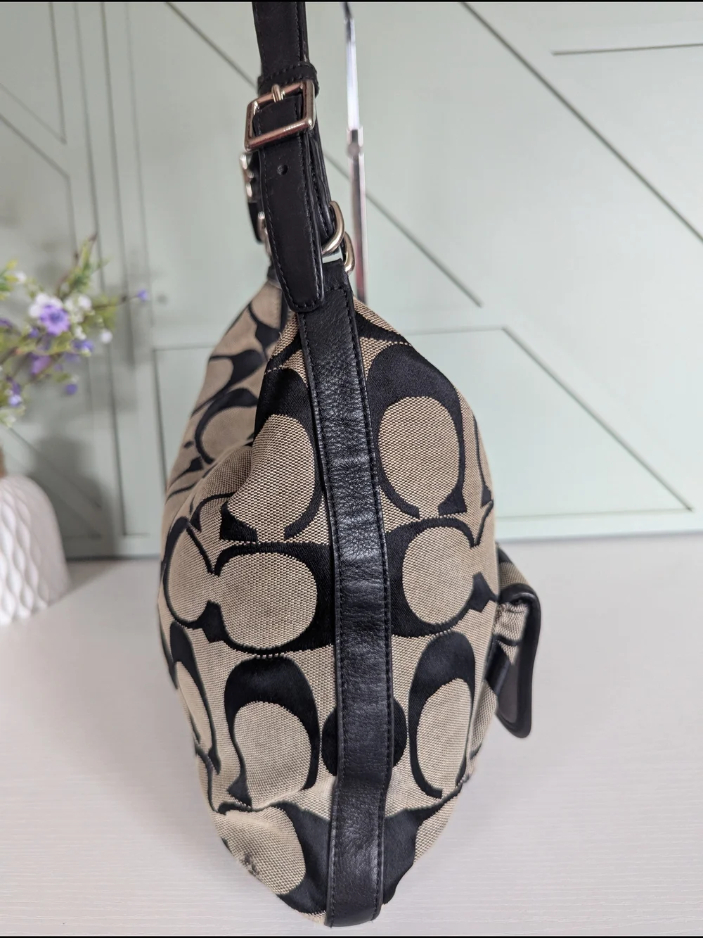 Coach Khaki and Black Signature Canvas Hobo with Tassel